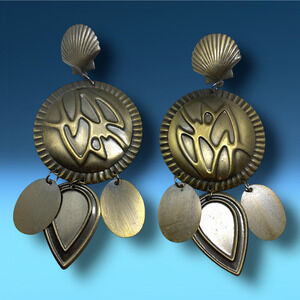 Vintage 1980s Oversized Bronze Tone Dangle Earrings Pierced Avant Garde Eclectic